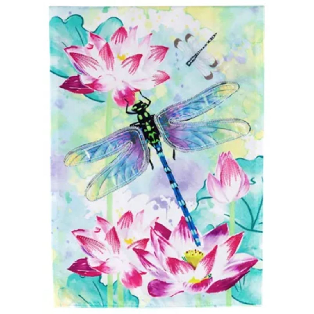 Evergreen Dragonfly with Lotus Garden Flag