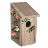 Wood Bird House with Painted Wren and Pink Flowers