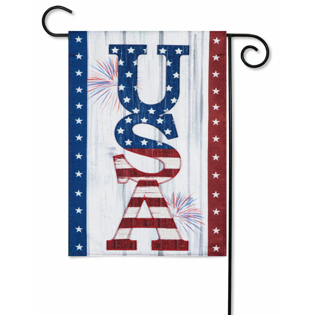 USA Fireworks Burlap Patriotic Garden Flag