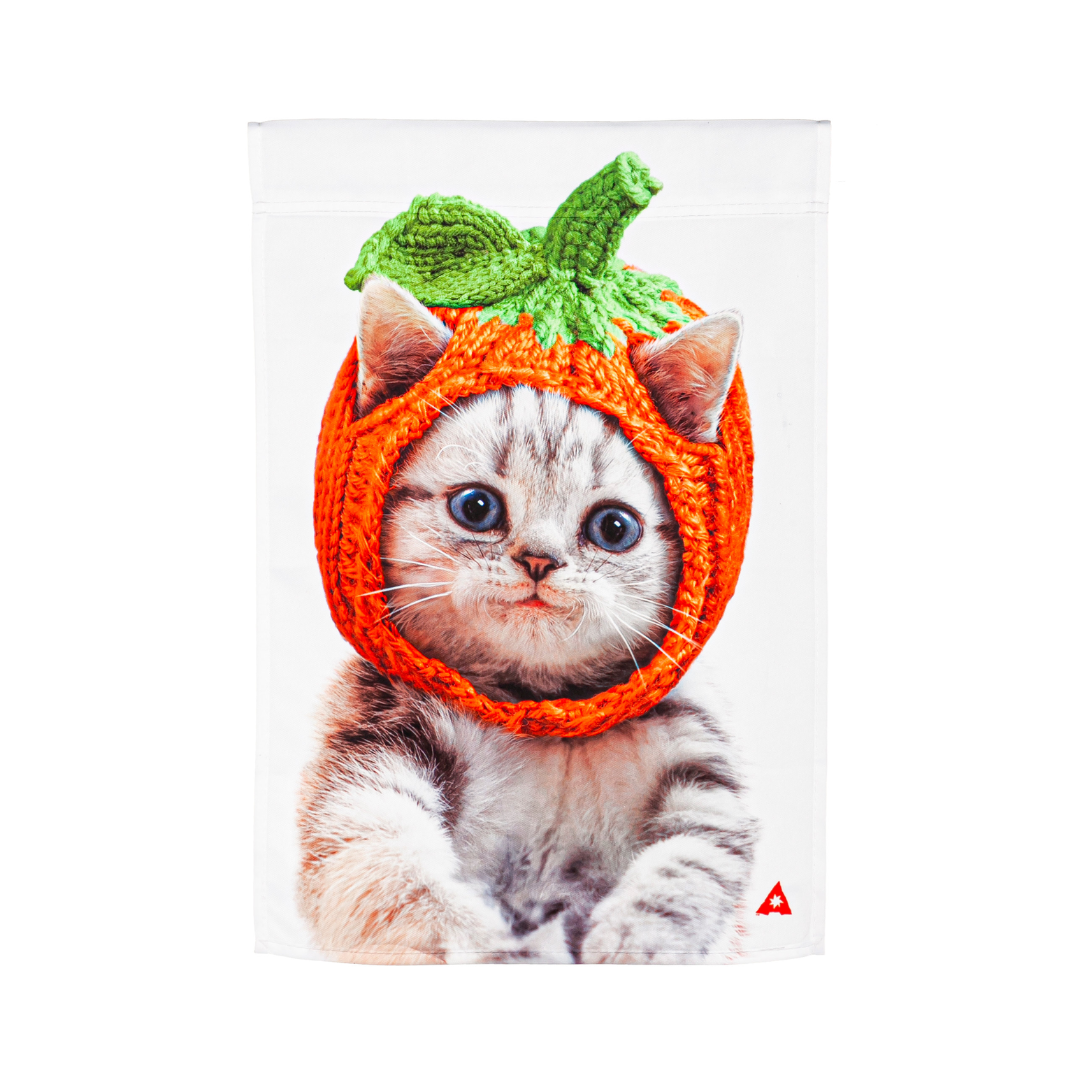 Evergreen Cat With A Pumpkin Hat Garden Satin Flag