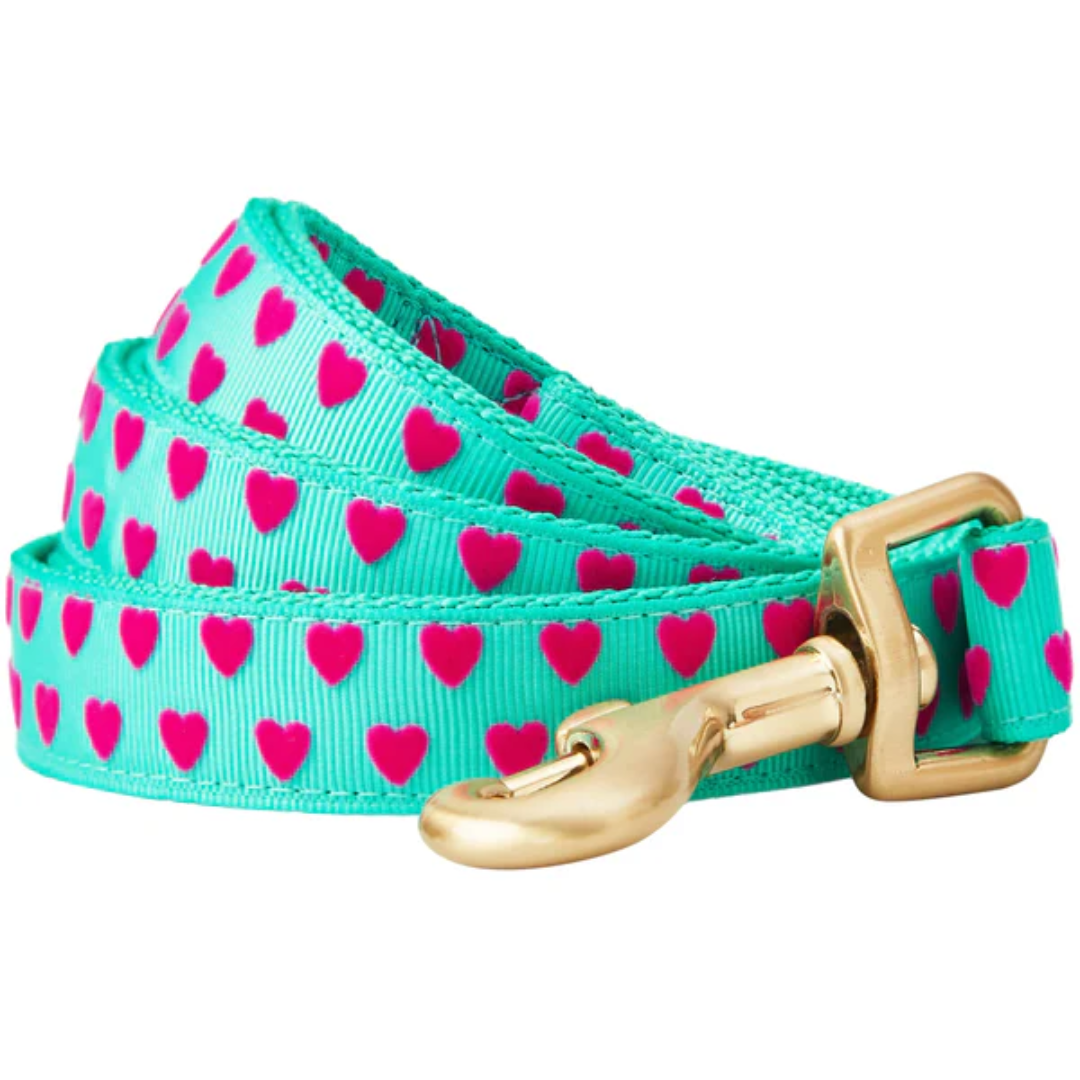 Green Flocking Dog Leash with Pink Hearts